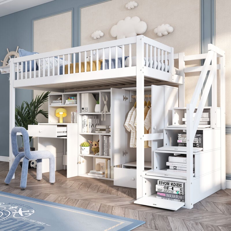 foto del prodotto letti a soppalco 90x200cm letti singoli per bambini con scrivania, mobile contenitore, guardaroba, scale con funzione contenitore, legno e mdf, senza