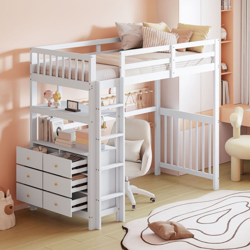 foto del prodotto letti a soppalco 90x200cm, letto per bambini con cassetti e ripiani portaoggetti, pino, letto singolo, bianco