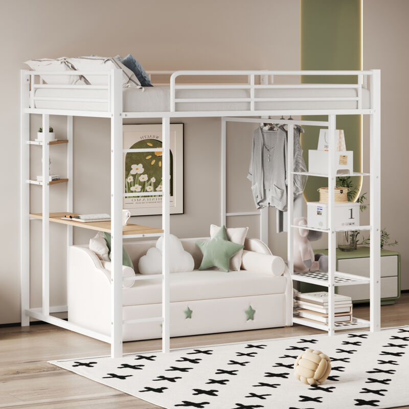 foto del prodotto letti a soppalco, letto per bambini con tavolo, grucce, contenitore, metallo, 90x200 cm, bianco