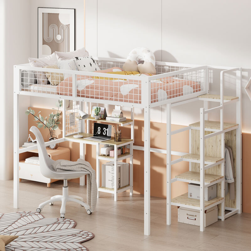 foto del prodotto letti a soppalco, letto per bambini, scaffale portaoggetti per scale, armadio semplice tavolo, metallo, 140x200cm, bianco