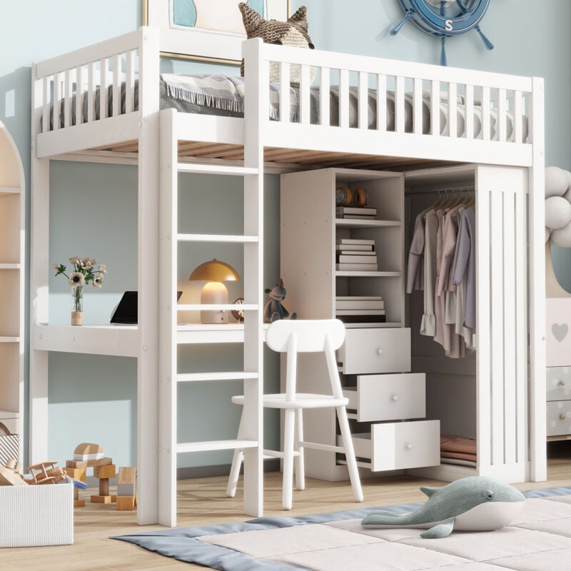 foto del prodotto letti a soppalco per adulti bambini 90x200cm singoli con 3 cassetti, scrivania armadio vano contenitore aperto, legno, senza materasso, bianco