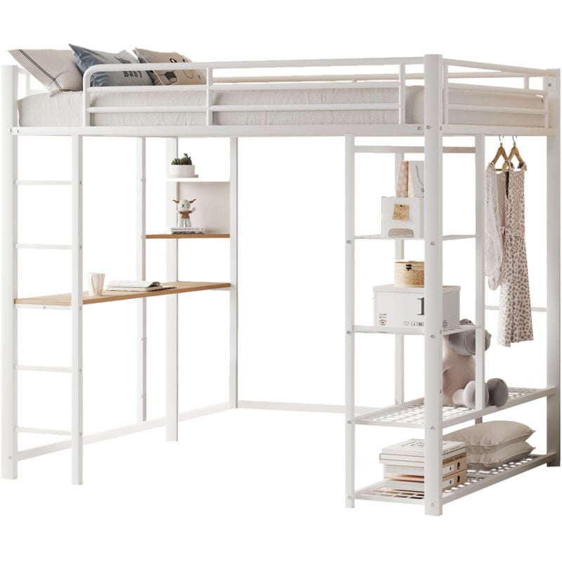 foto del prodotto letti a soppalco per bambini con tavolo e ripiano portaoggetti, appendiabiti semplice aperto, metallo, senza materasso, 90x200cm, bianco
