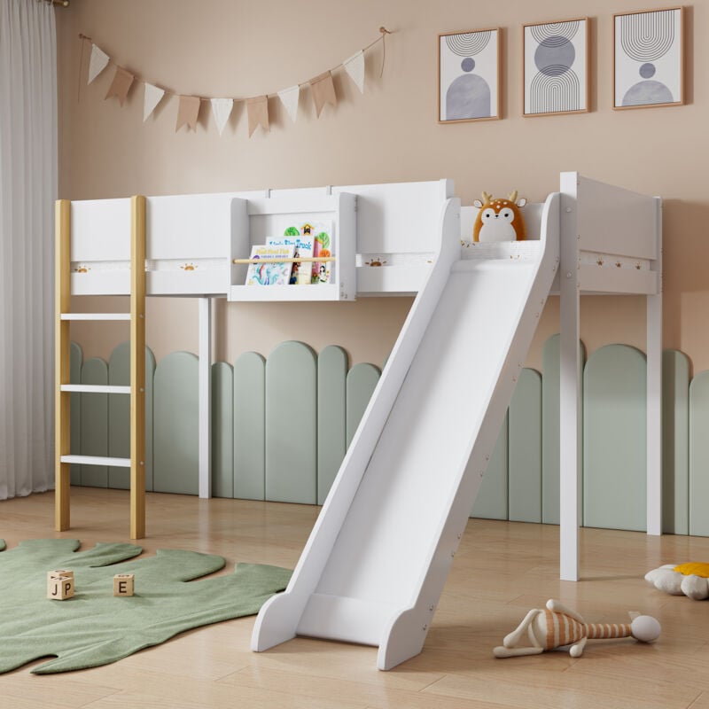 foto del prodotto letti a soppalco singoli per bambini 90x200cm con scivolo, con ripiani estraibili, pino mdf, senza materasso, bianco naturale