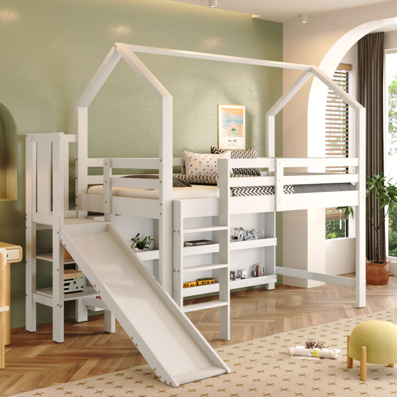 foto del prodotto letti a soppalco singoli per bambini 90x200cm con scivolo, mobile contenitore aperto, legno mdf, senza materasso, bianco