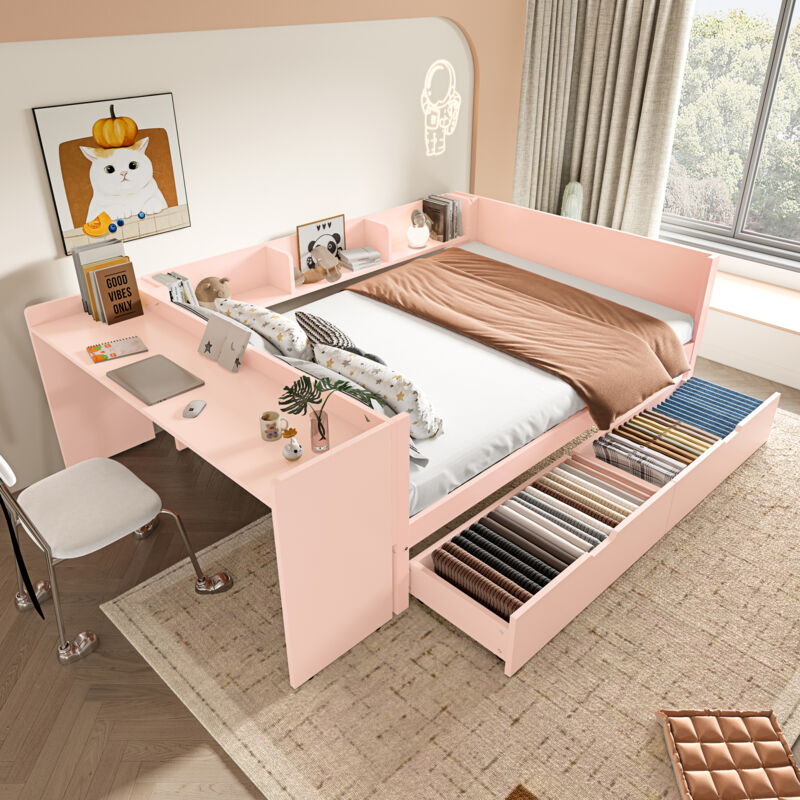 foto del prodotto letti con 2 cassetti 140x200cm, letto matrimoniale con scrivania e ripiani, pino, senza materasso, rosa