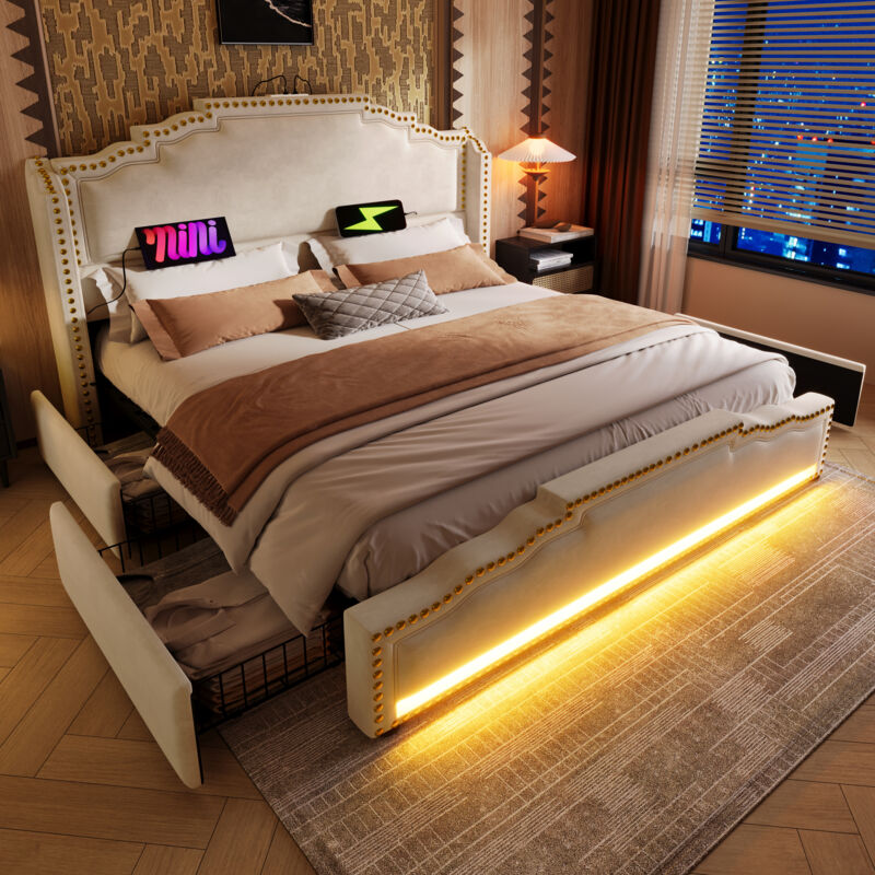 foto del prodotto letti con 4 cassetti 140x200 cm, senza materasso, letti matrimoniale led, usb, velluto, beige