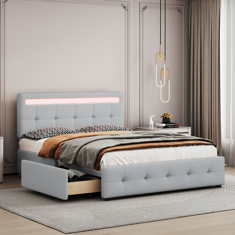 foto del prodotto letti con cassetti 140 x 200 cm, letti matrimoniale per adulti, led, 4 cassetti, biancheria, letti per bambini adolescenti, senza materasso, grigio