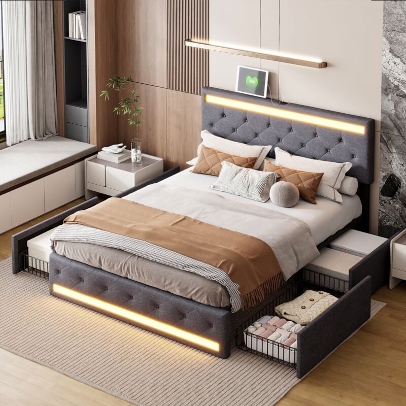 foto del prodotto letti con cassetti 140x190 cm, tessuto, letto matrimoniale con 4 cassetti portaoggetti, testiera illuminata a led con porta di ricarica usb type c,