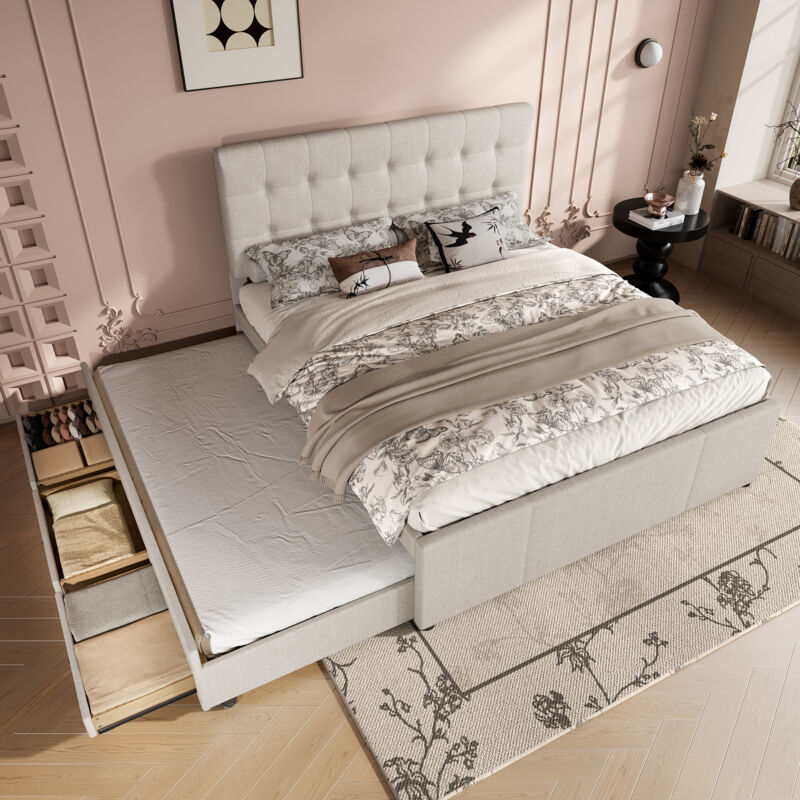 foto del prodotto letti con cassetti 140x200 cm 90x190 cm letto matrimoniale adulto bambino con letto estraibile, testiera regolabile in altezza, lino, senza