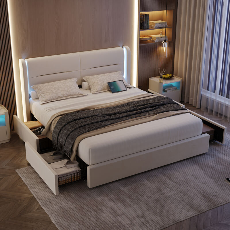 foto del prodotto letti con cassetti 140x200 cm, letto matrimoniale imbottito con led, usb, 4 cassetti, velluto, senza materasso, beige