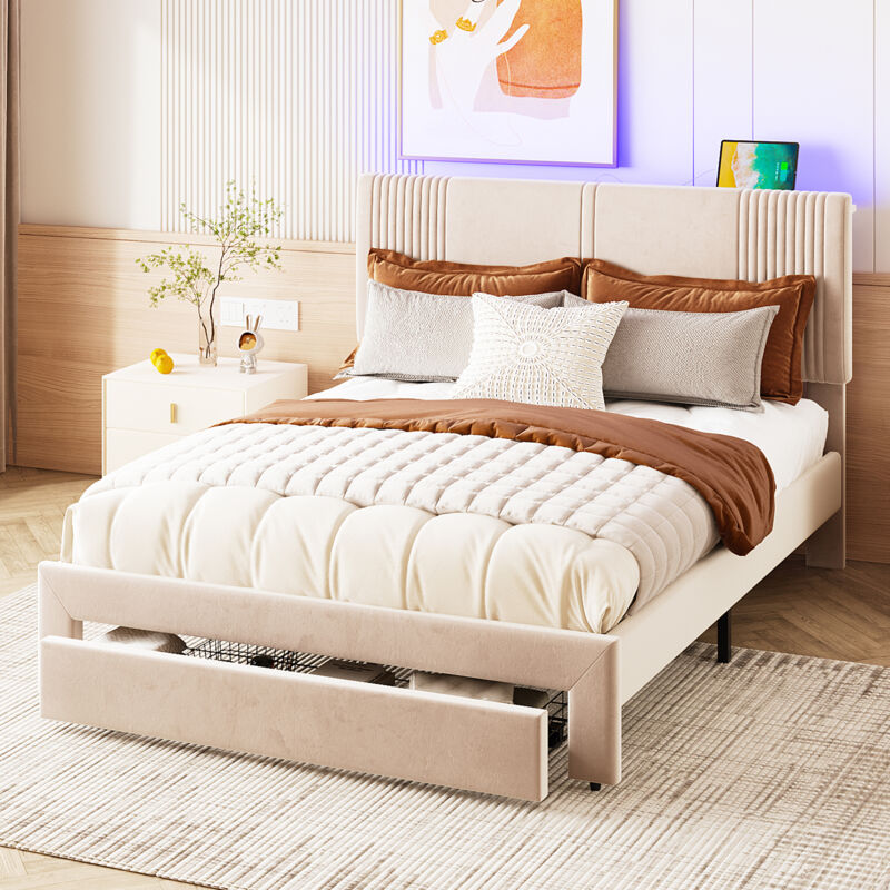 foto del prodotto letti con cassetti 140x200cm con 1 cassetto, letti per adulti, letti matrimoniale con led e usb, velluto, senza materasso, beige
