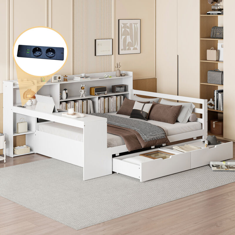 foto del prodotto letti con cassetti 140x200cm divani letti singoli per adulti bambini, 2 cassetti, rete a doghe, legno, senza materasso, bianco