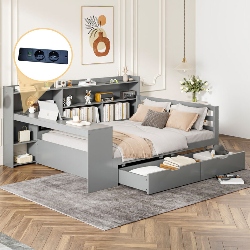 foto del prodotto letti con cassetti 140x200cm divani letti singoli per adulti bambini, 2 cassetti, rete a doghe, legno, senza materasso, grigio