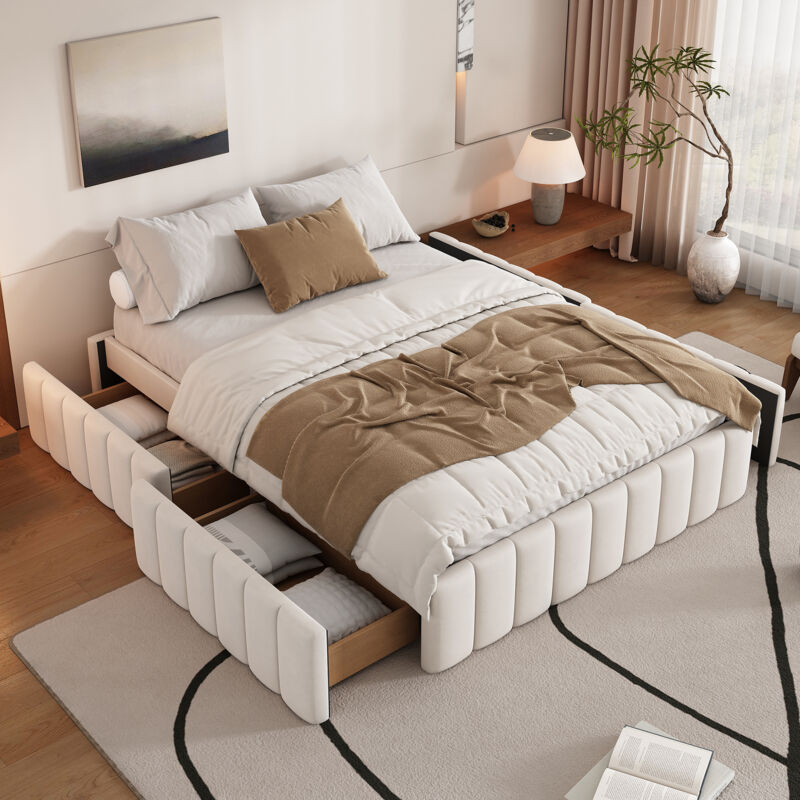 foto del prodotto letti con cassetti 140x200cm letti matrimoniale, letti adulto bambino, 4 cassetti, senza testiera e materasso, velluto, beige