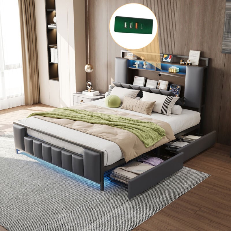 foto del prodotto letti con cassetti 140x200cm letti matrimoniale per adulti bambini, 4 cassetti, testiera con contenitore, usb, led, pu, senza materasso, grigio
