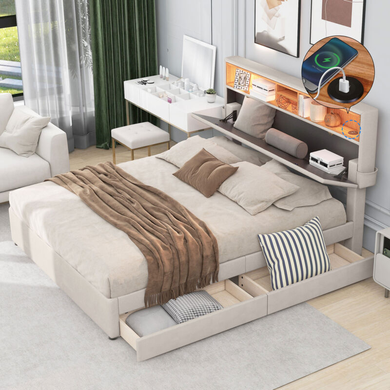 foto del prodotto letti con cassetti 140x200cm letti per adulti, letti singoli con 2 cassetti, usb e led, testiera regolabile, lino, senza materasso, beige