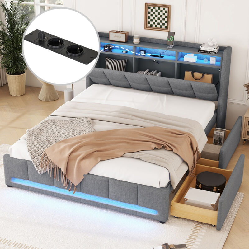 foto del prodotto letti con cassetti 160 x 200 cm, letti matrimoniale imbottito con 2 cassetti, prese e usb, illuminazione a led, senza materasso, biancheria, grigio