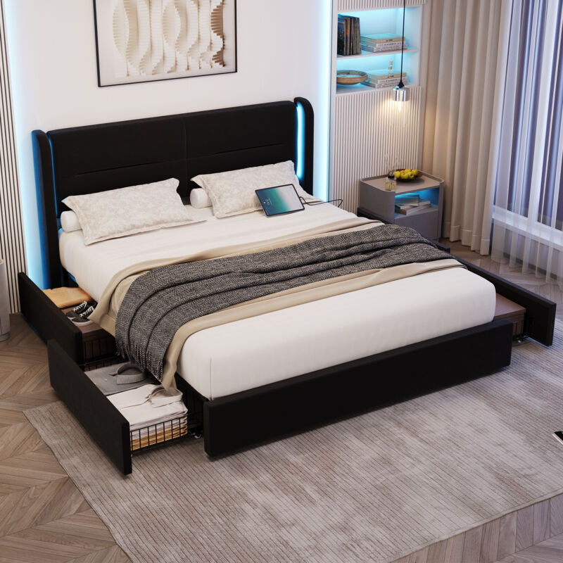 foto del prodotto letti con cassetti 160x200 cm, letto matrimoniale imbottito con led, usb, 4 cassetti, velluto, senza materasso, nero