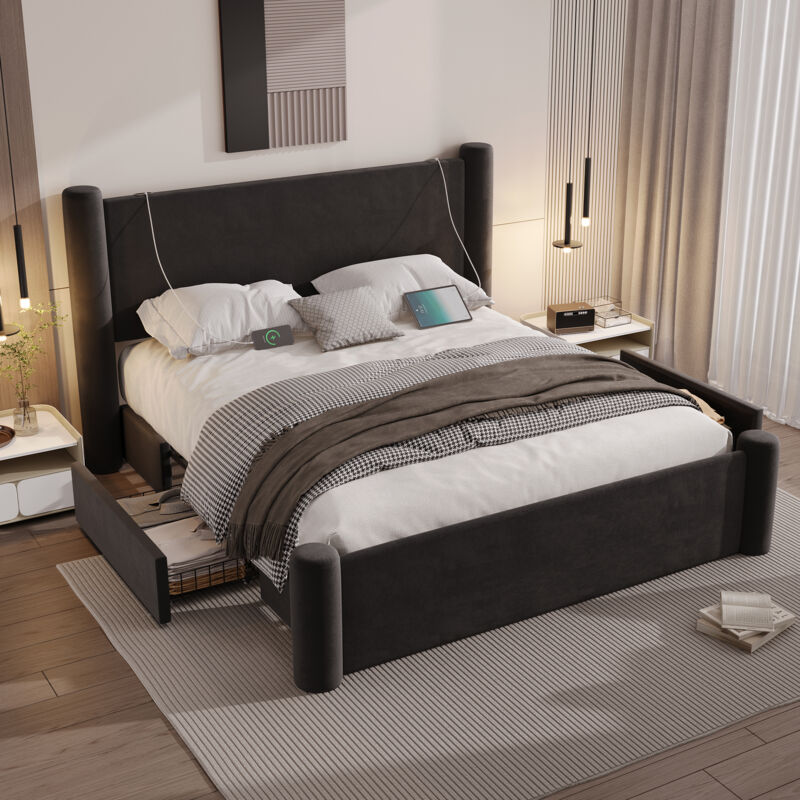 foto del prodotto letti con cassetti 160x200 cm, letto matrimoniale imbottito con usb, 2 cassetti, velluto, senza materasso, nero
