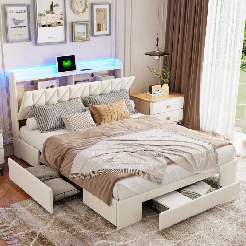 foto del prodotto letti con cassetti 160x200,letto matrimoniale contenitore,letti per adulti,letto imbottito,con led regolabile,testiera aperta, ricarica usb,velluto,