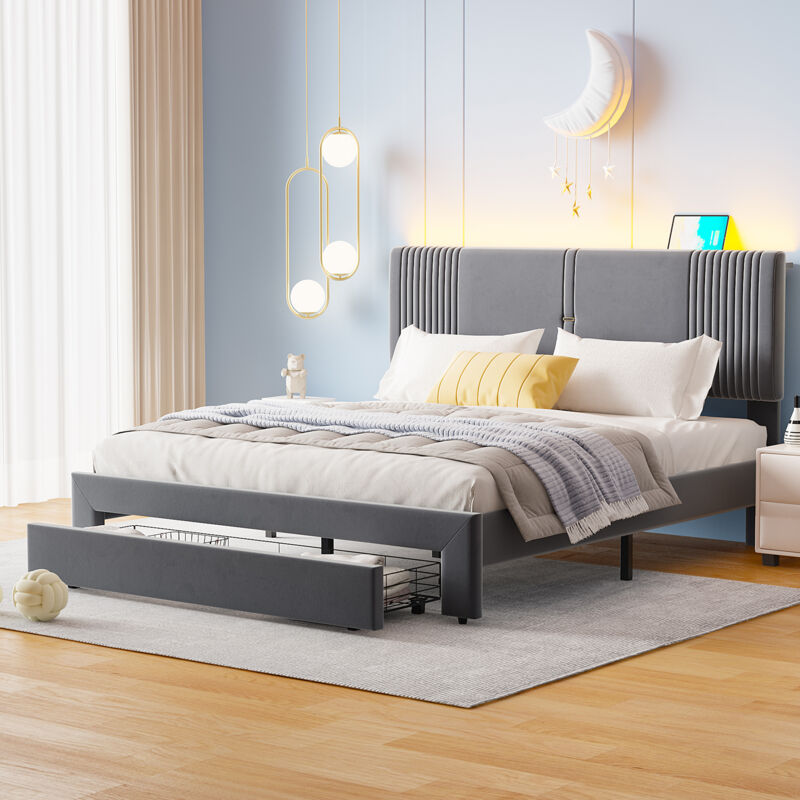 foto del prodotto letti con cassetti 160x200cm con 1 cassetto, letti per adulti, letti matrimoniale con led e usb, velluto, senza materasso, grigio