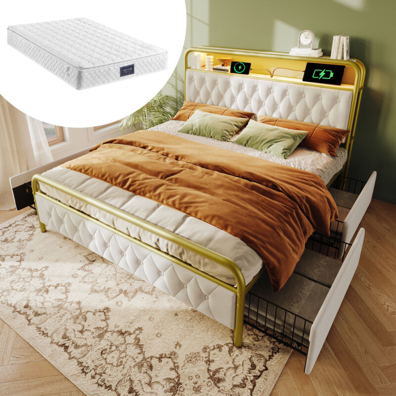 foto del prodotto letti con cassetti 160x200cm con 4 cassetti, letti matrimoniale per adulti bambini, led, usb, velluto, materasso incluso, bianco oro