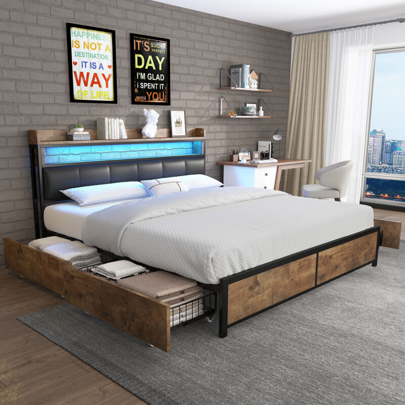 foto del prodotto letti con cassetti 180x200,letto matrimoniale 180x200,letti per adulti,letti contenitori con 4 cassetti, rete a doghe e testiera, luci a led, pu, nero