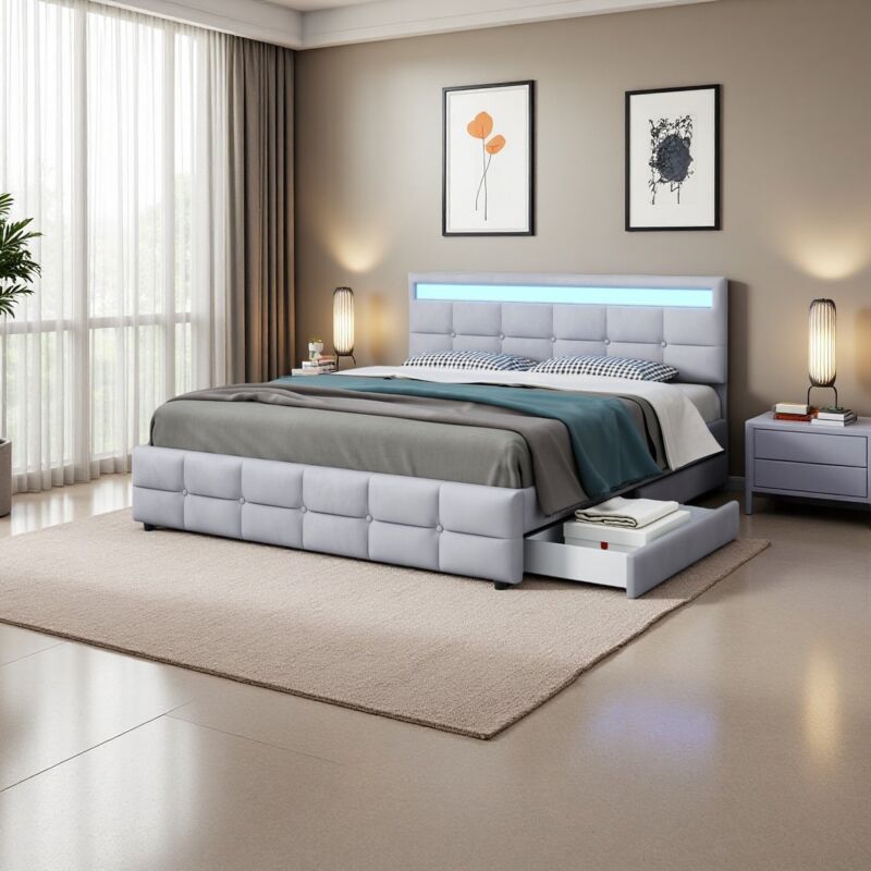 foto del prodotto letti con cassetti 180x200cm letti matrimoniale per adulti con 4 cassetti, led, testiera regolabile in altezza, velluto, senza materasso, grigio