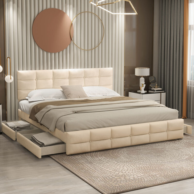 foto del prodotto letti con cassetti 180x200cm letti matrimoniale per adulti con 4 cassetti, testiera regolabile in altezza, velluto, senza materasso, beige