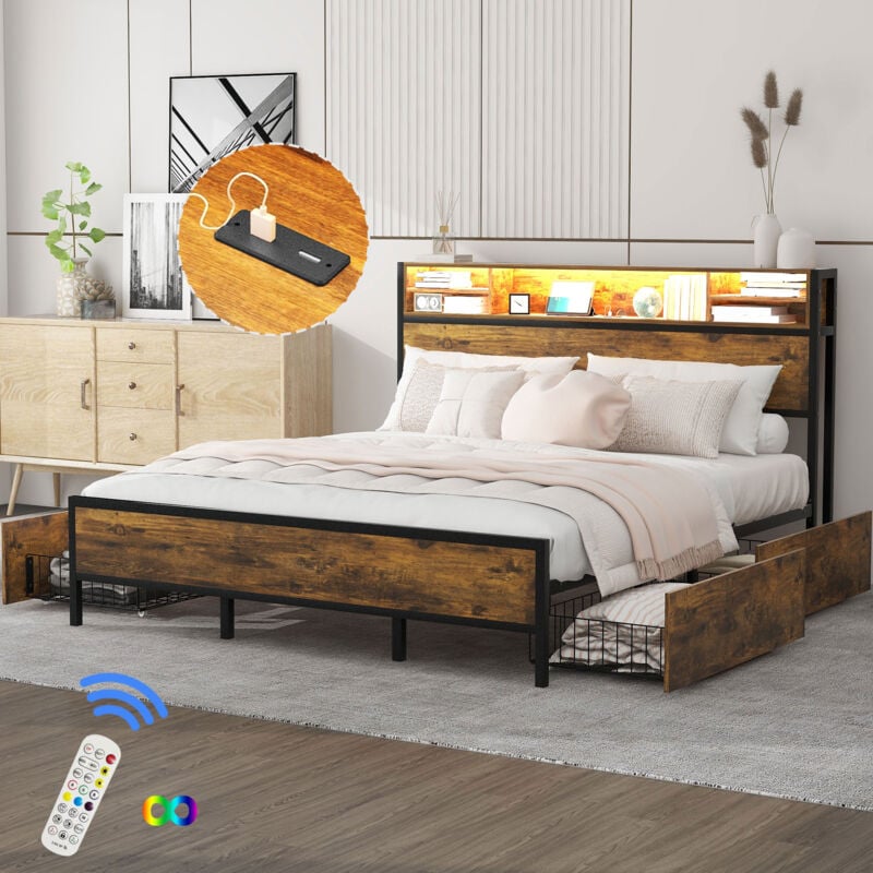 foto del prodotto letti con cassetti 180x200cm letti matrimoniale per adulti con 4 cassetti, usb, led, vani portaoggetti, metallo e mdf, senza materasso, marrone