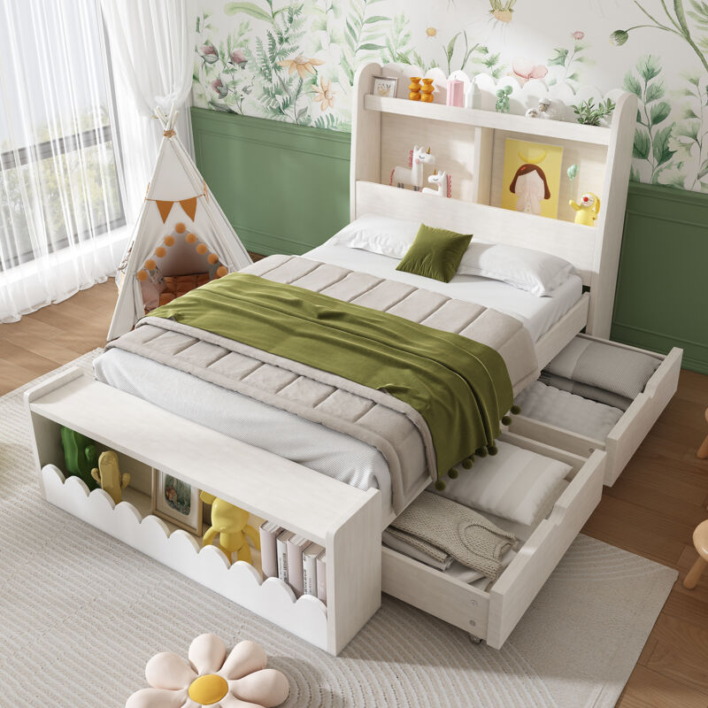 foto del prodotto letti con cassetti 90x190 cm, letti per bambini con 2 cassetti, testiera con ripiani portaoggetti e panca, rete a doghe, bianco, senza materasso