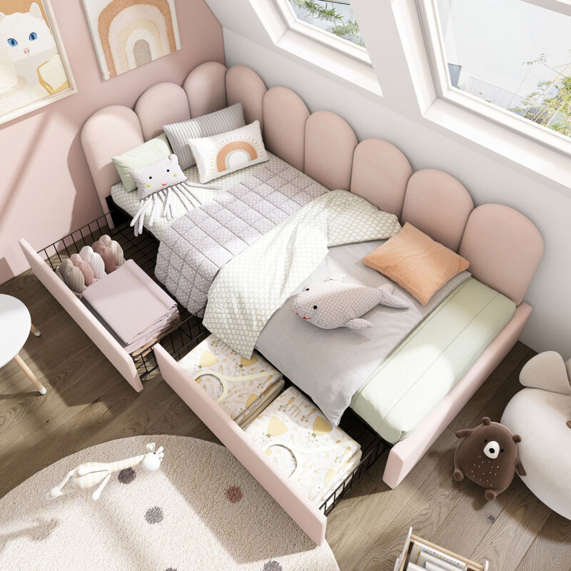 foto del prodotto letti con cassetti 90x190cm con 2 cassetti, divani letti singoli per bambini, rete a doghe, velluto, senza materasso, rosa
