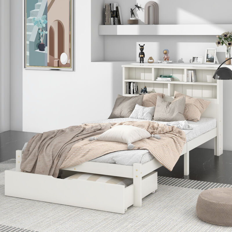foto del prodotto letti con cassetti 90x200 cm con 1 cassetto, letti singoli per adulti bambini, testiera con vani contenitori, legno, senza materasso, bianco