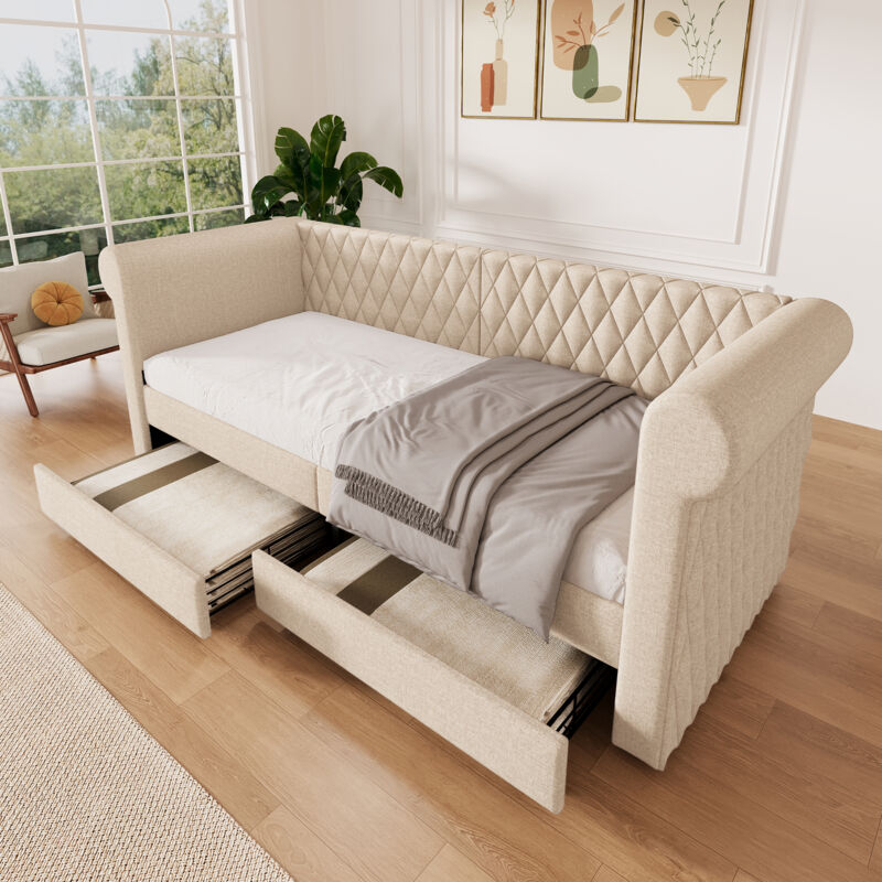 foto del prodotto letti con cassetti 90x200cm divani letti singoli per adulti bambini, 2 cassetti, rete a doghe, lino, senza materasso, beige