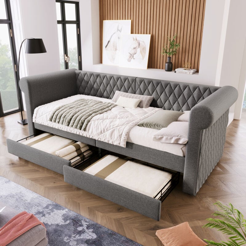 foto del prodotto letti con cassetti 90x200cm divani letti singoli per adulti bambini con 2 cassetti, rete a doghe, lino, senza materasso, grigio