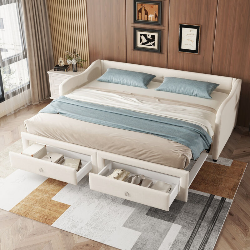 foto del prodotto letti con cassetti 90x200cm divani letti singoli per adultii bambini con letti estraibile, 2 cassetti, lino, senza materasso, beige