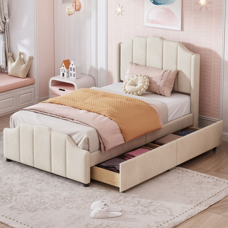 foto del prodotto letti con cassetti 90x200cm letti singoli adulti bambini con 2 cassetti, rete a doghe, velluto, senza materasso, beige