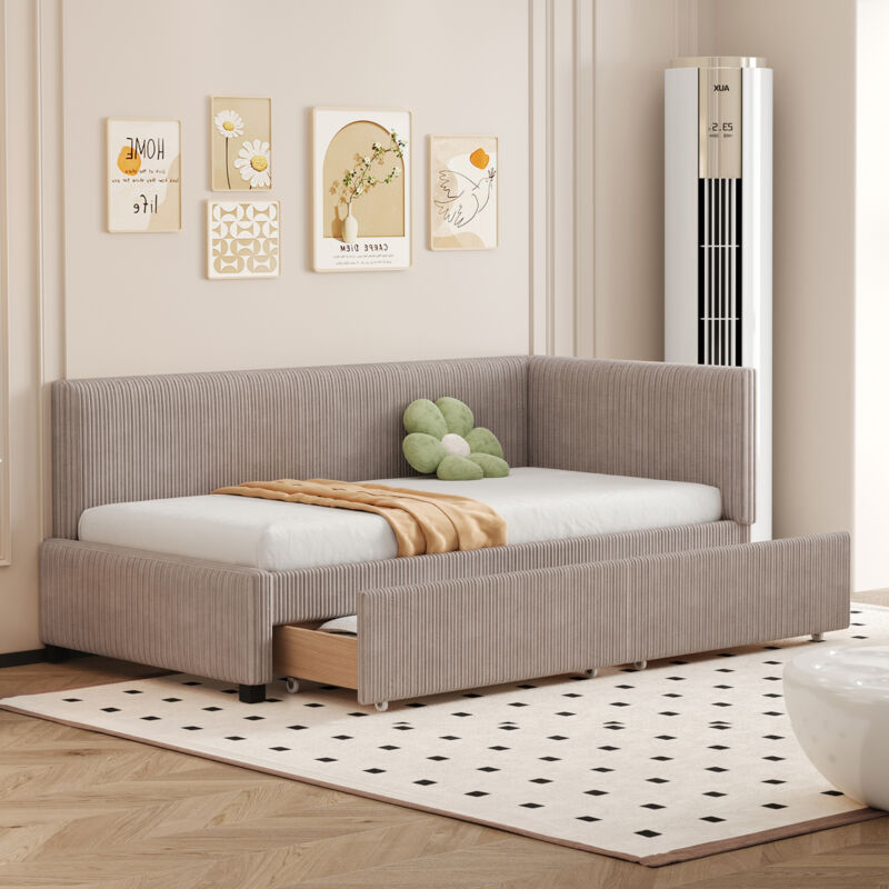 foto del prodotto letti con cassetti 90x200cm letti singoli con 2 cassetti, divani letto, letti per bambini/adulti, telaio a doghe, velluto, senza materasso, grigio