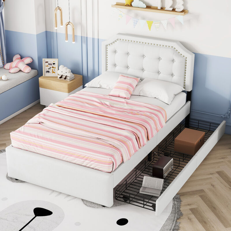 foto del prodotto letti con cassetti 90x200cm letti singolo adulti bambini, decorazione rivetto, mdf, senza materasso, beige chiaro modfu