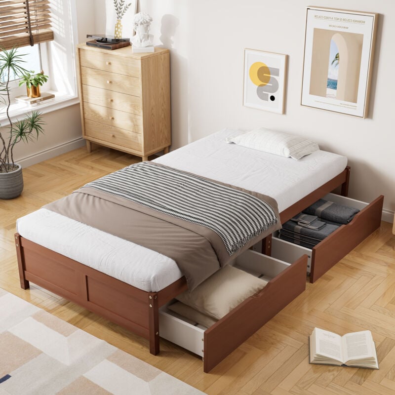 foto del prodotto letti con cassetti, letto per bambini adulti, 2 cassetti, pino mdf, senza materasso, 90x200 cm, letto singolo