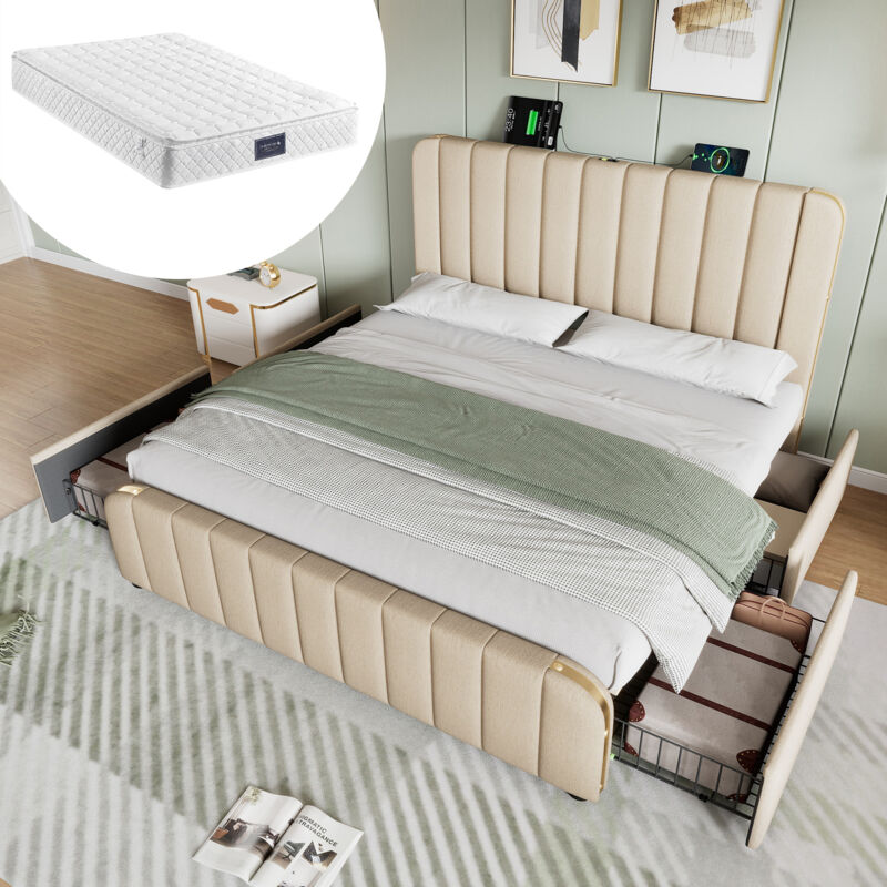 foto del prodotto letti con cassetti matrimoniale per adulti, 4 cassetti, usb e type c, lino, beige, 140x200cm, materasso incluso