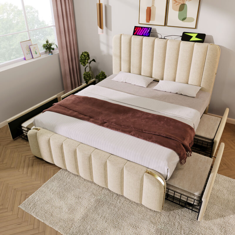 foto del prodotto letti con cassetti matrimoniale per adulti, 4 cassetti, usb e type c, lino, beige, 160x200cm, senza materasso