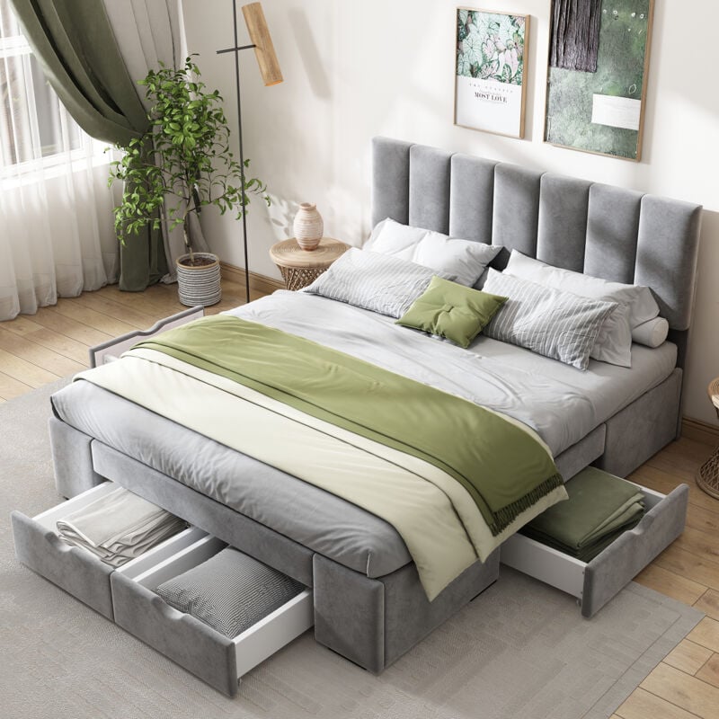 foto del prodotto letti con cassetti matrimoniali per adulti bambini 140x200 cm, 4 cassetti, rete a doghe, velluto, senza materasso, grigio