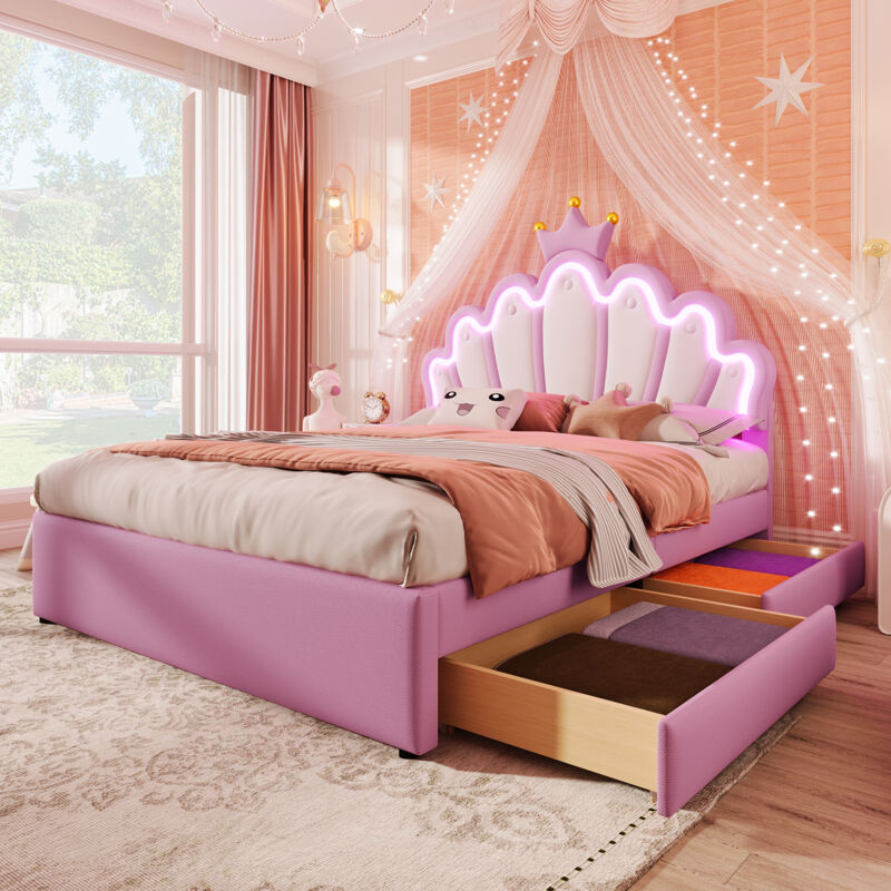 foto del prodotto letti con cassetti per bambini 140x200cm con 2 cassetti, luce d atmosfera con telecomando, modanatura a corona, senza materasso, pu, rosa