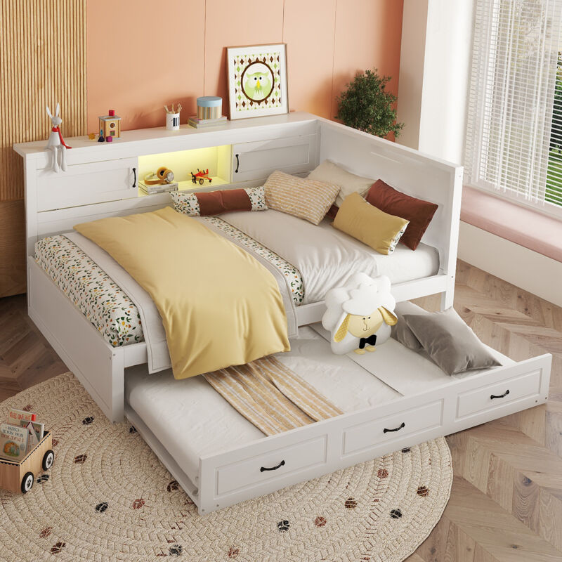 foto del prodotto letti con letti estraibile 140x200 cm, divani letti per adulti bambini, testiera con funzione contenitore, usb e led, pannello di particelle, senza