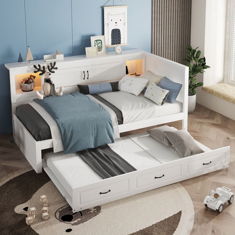 foto del prodotto letti con letti estraibile 90x200 cm, divani letti per adulti bambini, testiera con funzione contenitore, usb e led, pannello di particelle, senza