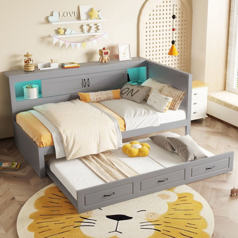 foto del prodotto letti con letti estraibile 90x200 cm, divani letti per adulti bambini, testiera con funzione contenitore, usb e led, pannello di particelle, senza