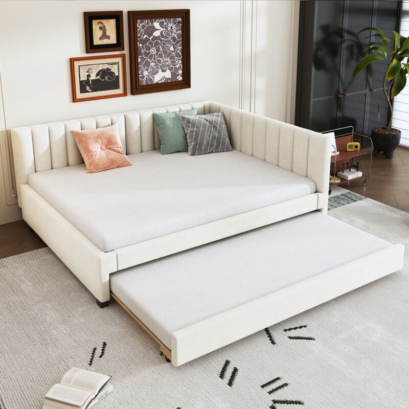 foto del prodotto letti con letti estraibili 140x200 cm divani letti matrimoniale adulti bambini, rete a doghe, velluto, senza materasso, beige modfu