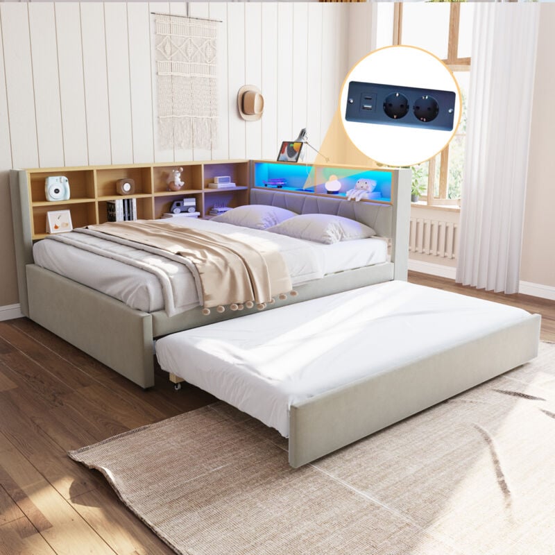 foto del prodotto letti con letti estraibili 140x200cm 90x190cm divani letti singoli per adulti bambini, con vano contenitore aperto, usb, led, senza materasso,