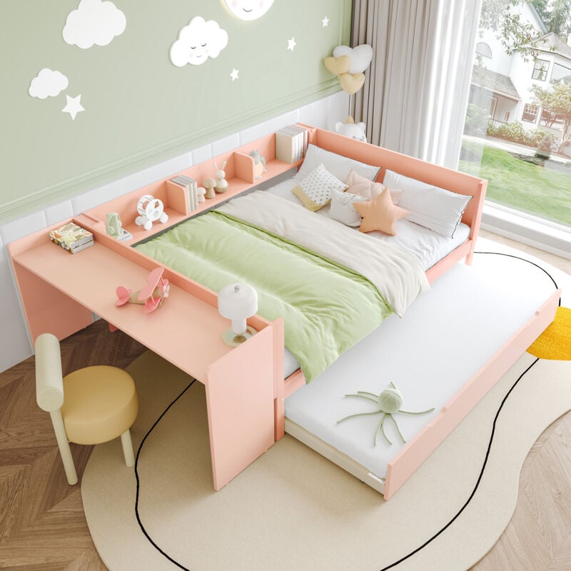 foto del prodotto letti con letti estraibili 140x200cm, letto matrimoniale con scrivania e ripiani, pino, senza materasso, rosa